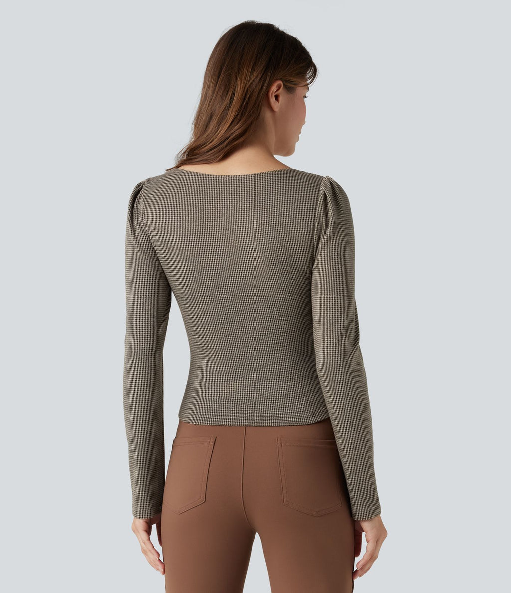 T-shirt tailleur pied-de-poule col Queen Anne manches longues