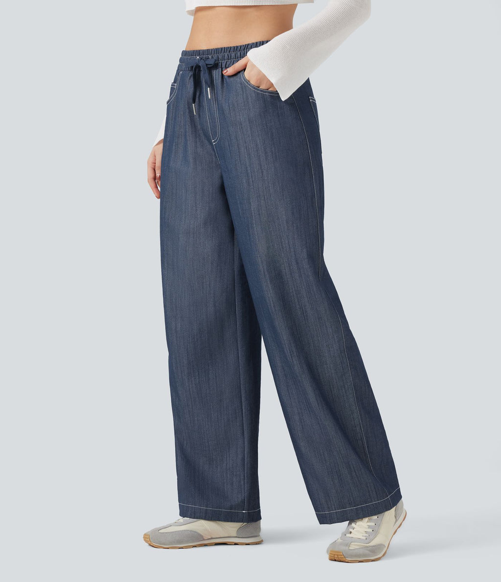 Pantalon décontracté large effet lin taille haute infroissable avec cordon et poches