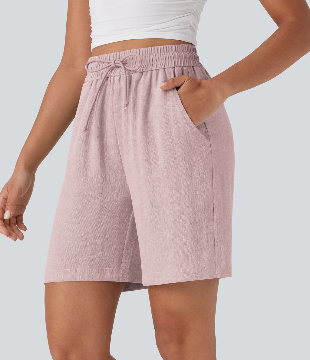Short décontracté effet lin taille haute avec cordon de serrage et poches latérales