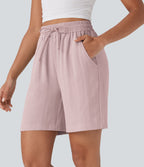 Short décontracté effet lin taille haute avec cordon de serrage et poches latérales
