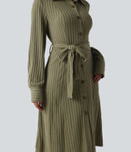Robe de bureau mi-longue en maille côtelée à manches longues avec ceinture