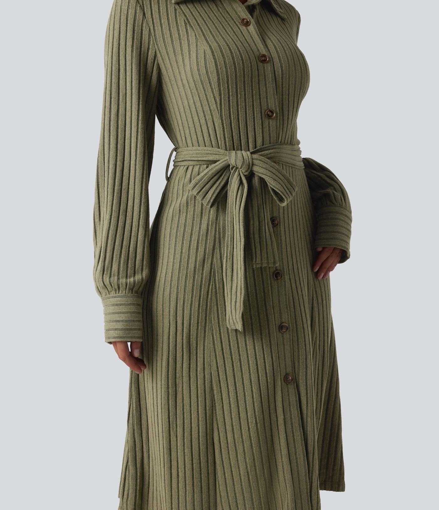 Robe de bureau mi-longue en maille côtelée à manches longues avec ceinture