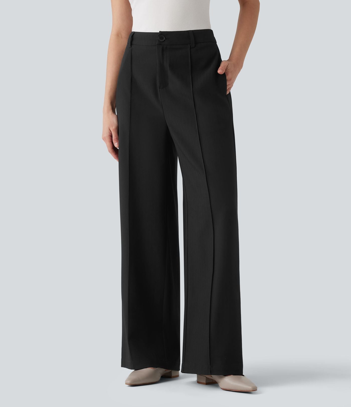 Pantalon tailleur droit taille haute aspect lin avec poches