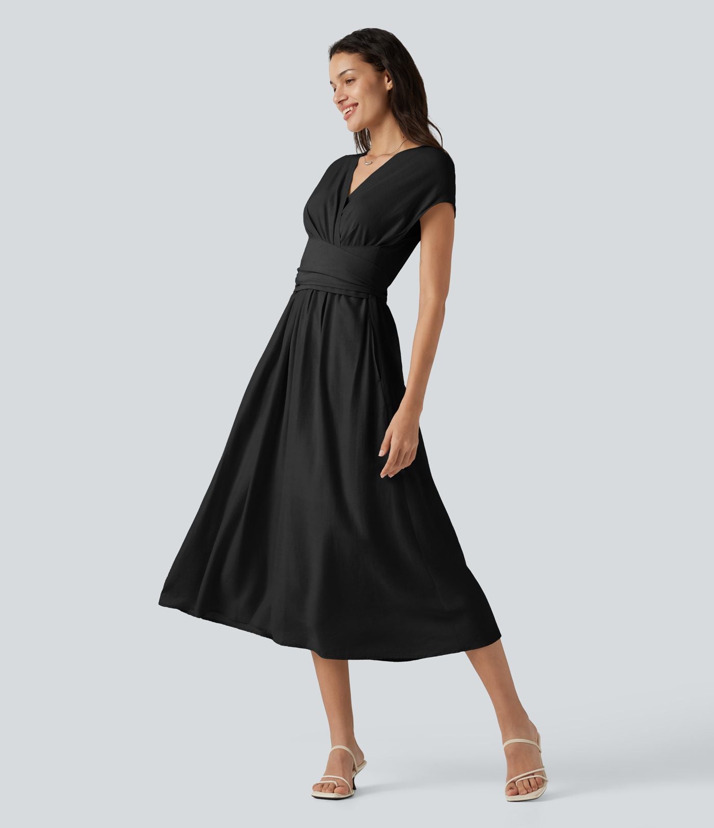 Robe midi casual fluide en mélange de lin col V à manches courtes avec dos noué et poches