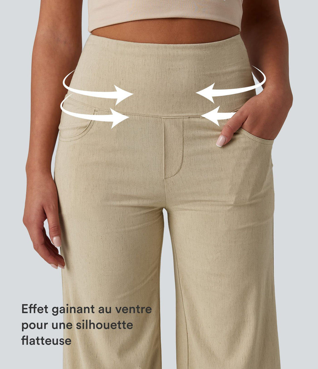 Pantalon large casual en lin stretch taille haute ventre plat avec poches