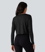 Top de sport yoga jacquard ourlet croisé col rond manches longues