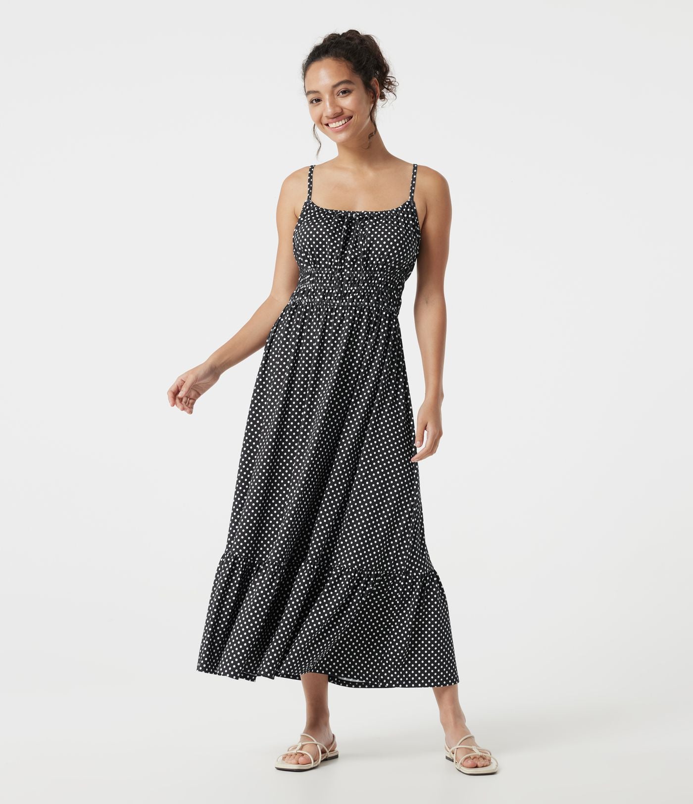 Robe nuisette midi fluide à pois avec lien à nouer à l’avant