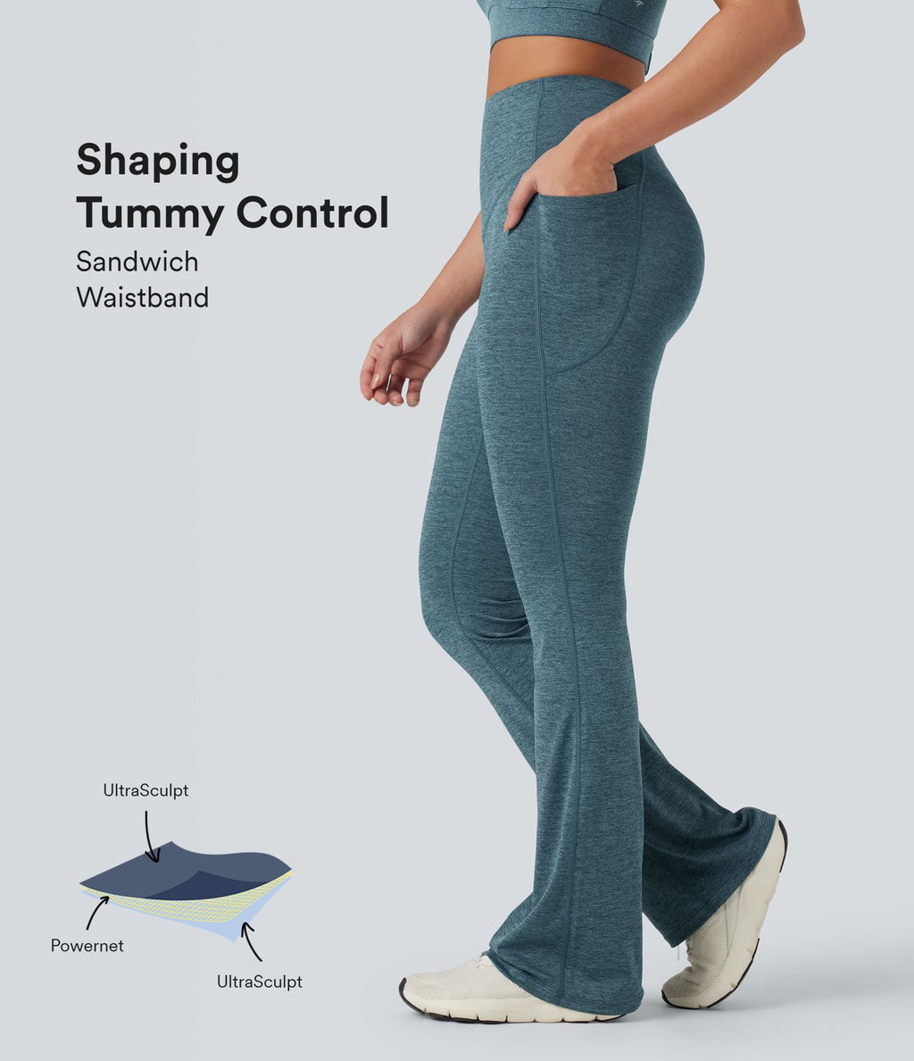Pantalon de yoga à coupe bootcut gainant taille haute chiné à séchage rapide avec poches Halara UltraSculpt™