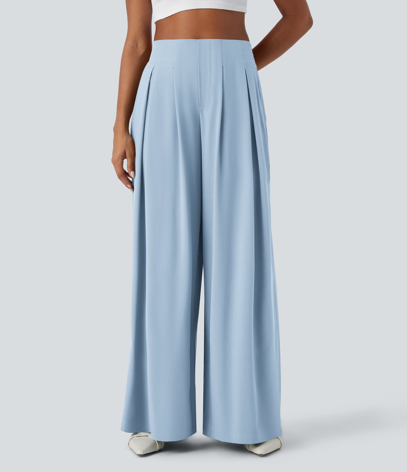 Breezeful™ Pantalon Large Fluide Taille Haute Plis Poches Latérales et Taille Élastique Séchage Rapide