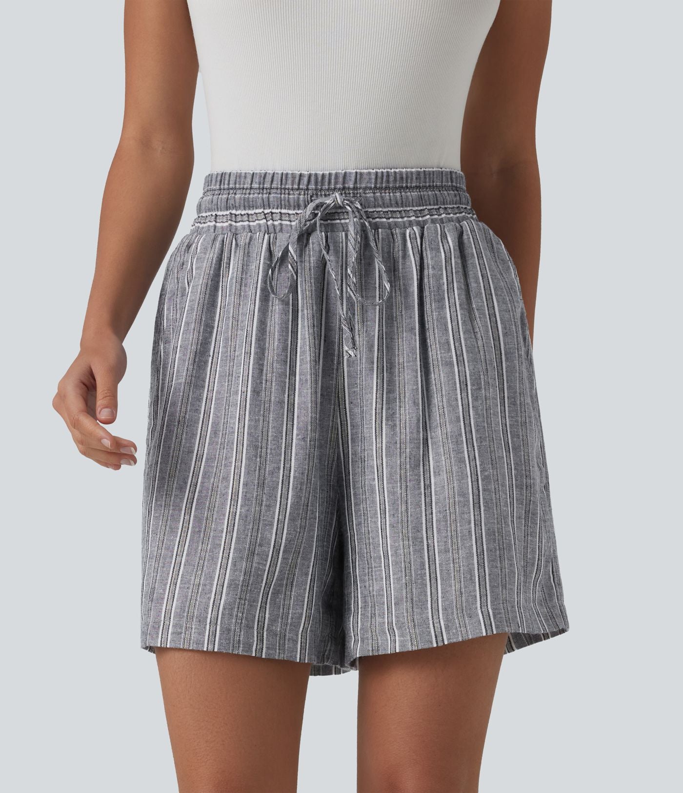 Short tailleur large en lin rayé taille haute avec cordon de serrage et poches