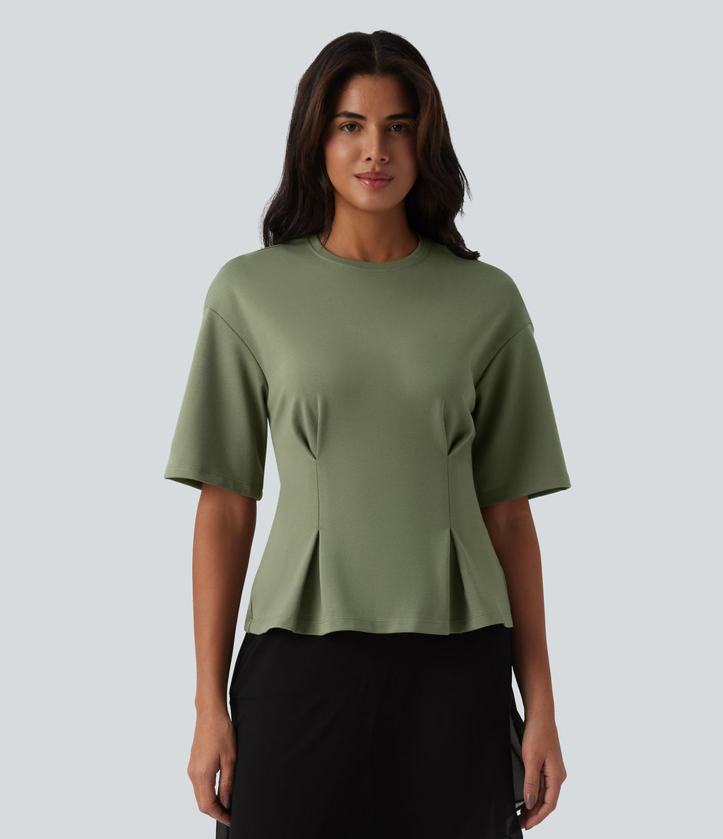 Blouse casual col rond taille cintrée à basque