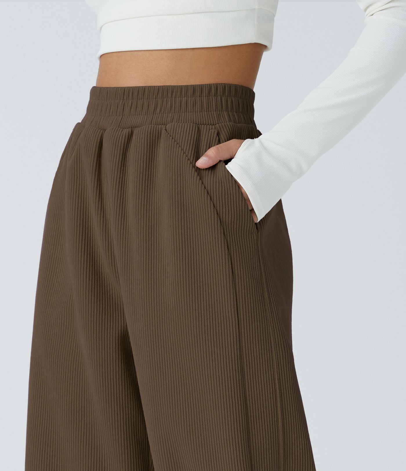 Pantalon velours côtelé de jogging décontracté à taille haute avec poches latérales