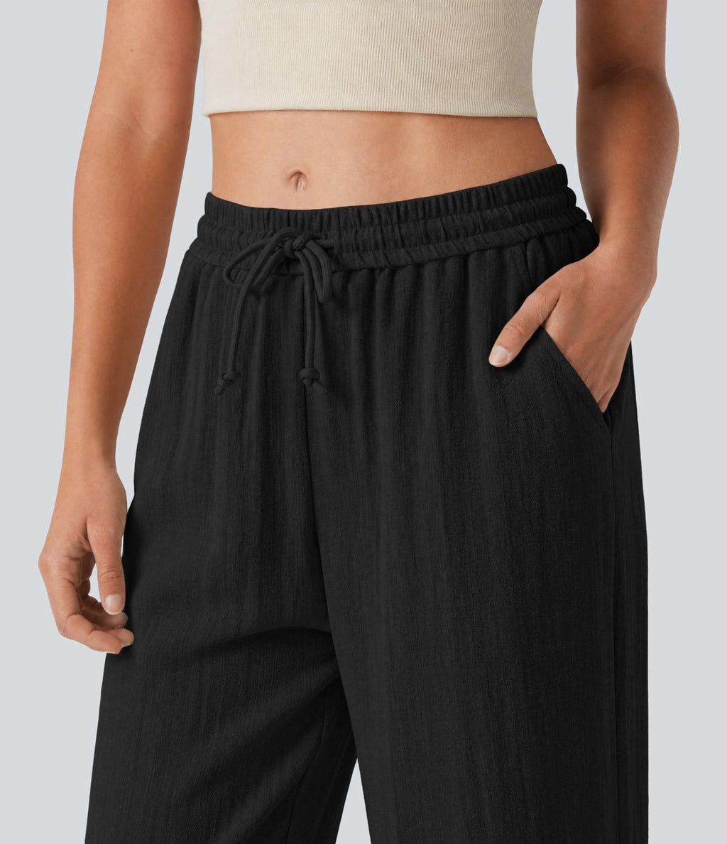 Pantalon baggy large casual effet lin taille basse avec cordon et poches