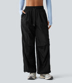 Pantalon cargo ample de randonnée taille haute avec cordon de serrage, fronces et poches