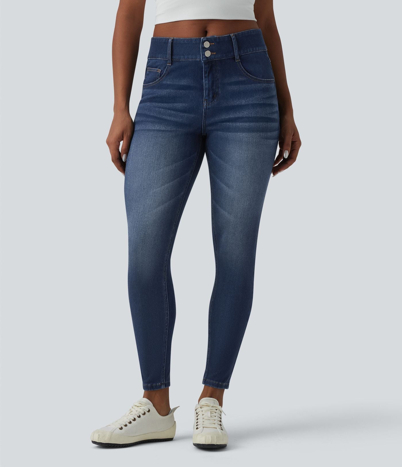 Halara Flex™ Jean skinny 7/8 casual taille mi-haute en lyocell drapé effet délavé, avec poches