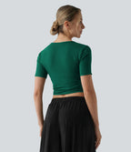 T-shirt décontracté col V manches courtes coupe courte