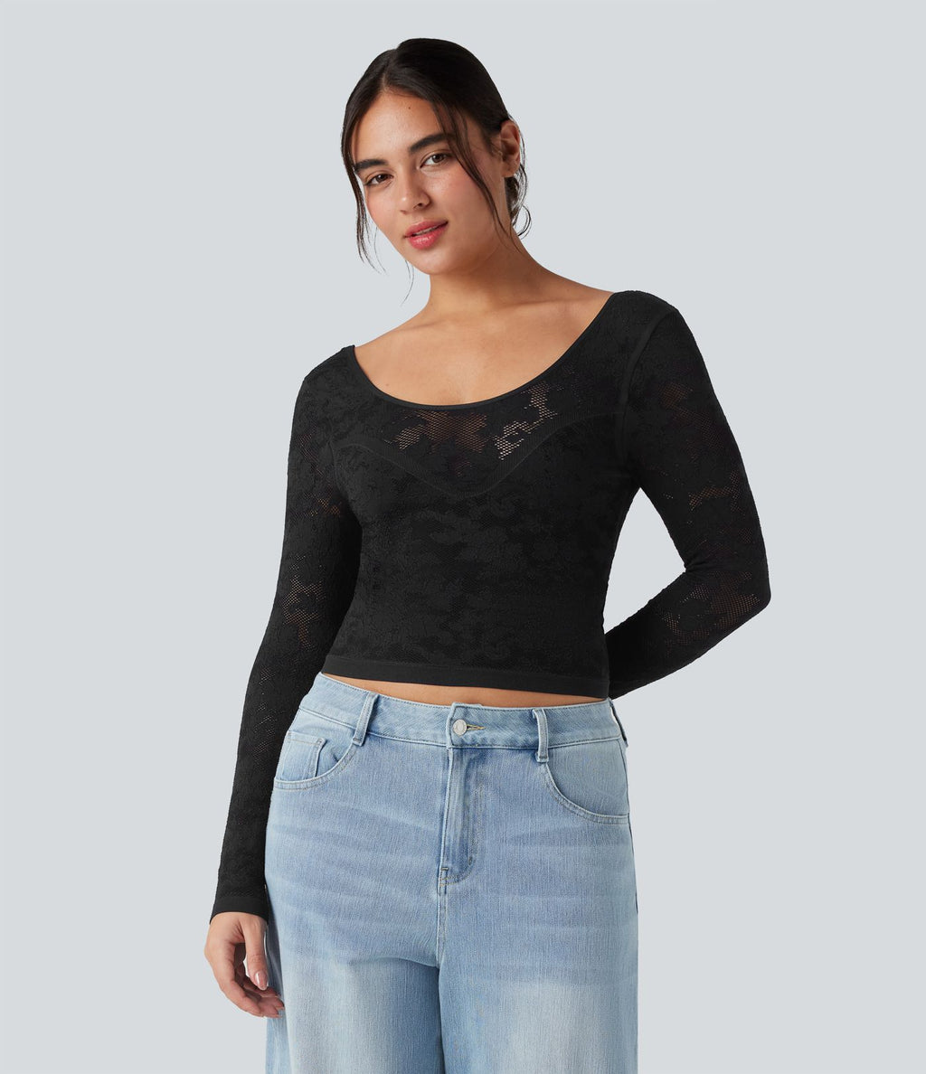 Haut de sport col U dos nu jacquard à manches longues sans couture OneForm Seamless Flow