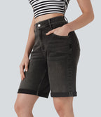 Bermuda décontracté en jean extensible délavé Halara Flex™ taille haute avec revers et multiples poches
