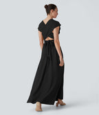 Robe longue de soirée col V, manches courtes, dos croisé à nouer, fendue avec poche latérale