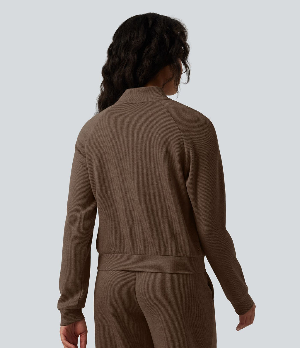Veste casual côtelée à col montant, manches longues et fermeture zippée avec poches