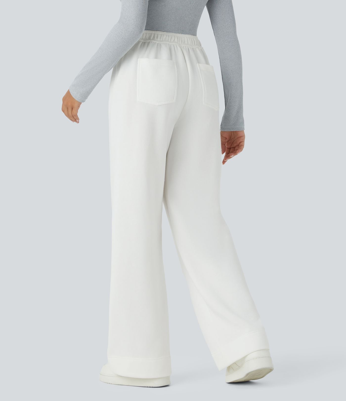 Pantalon Jogging en Fleece Thermique Jambe Droite Boutons Taille Haute Plusieurs Poches