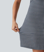 Robe mini casual sans manches col bateau à carreaux vichy, avec poches