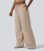 Pantalon large casual taille basse aspect lin rayures avec cordon de serrage et poches