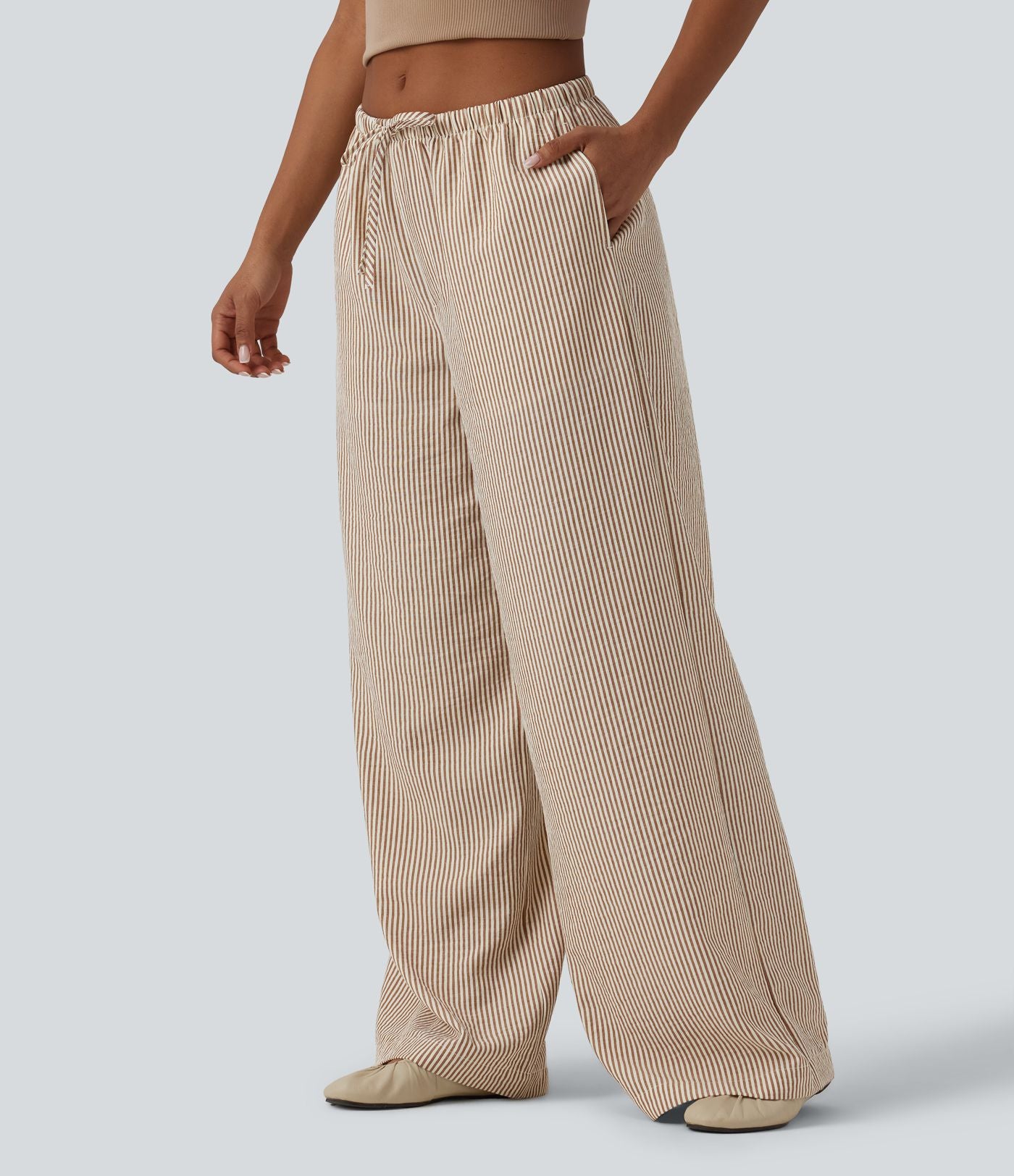 Pantalon large casual taille basse aspect lin rayures avec cordon de serrage et poches
