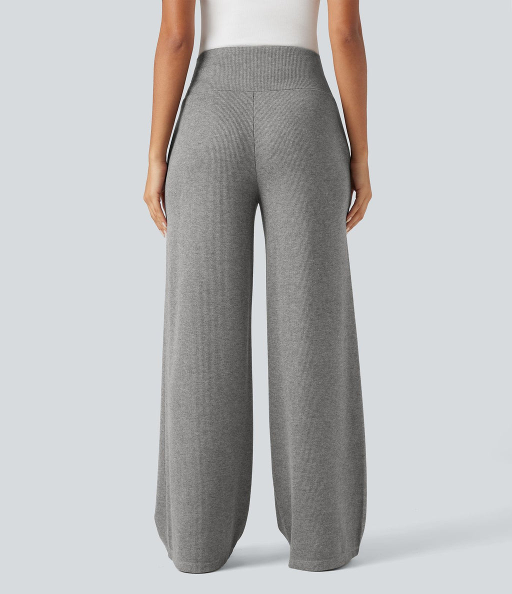 Pantalon jogging large décontracté côtelé gainant taille haute avec cordon de serrage et poches