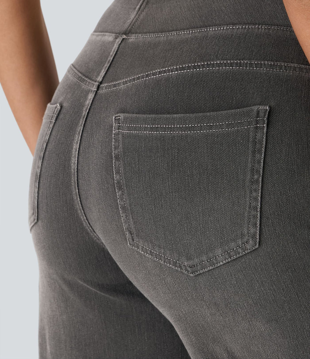Halara Flex™ Jean Large Casual Taille Haute Poches Multiples Tricot Extensible Délavé