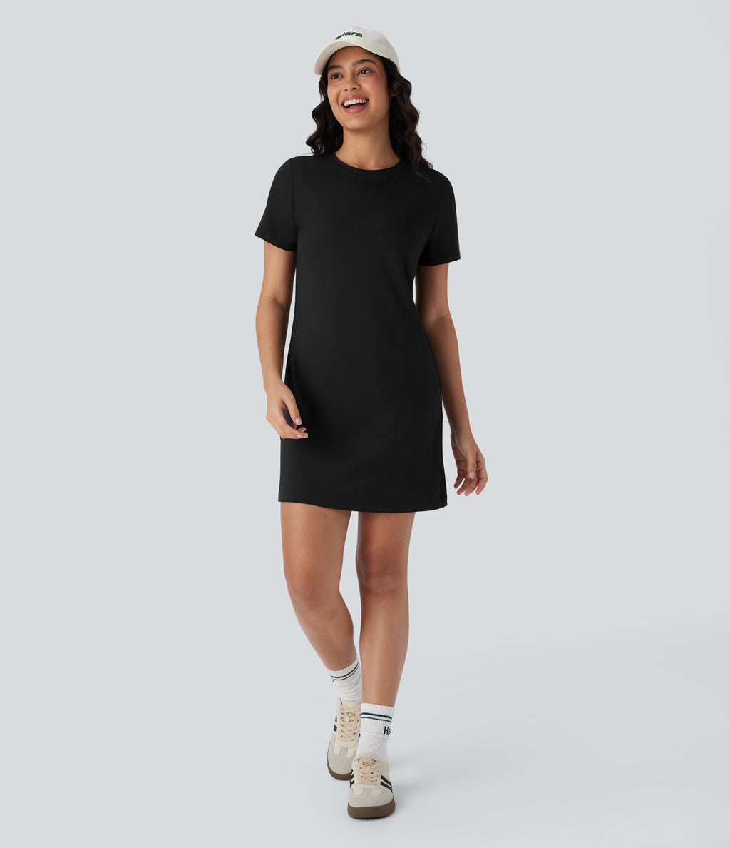 Robe tee-shirt mini décontractée unie col rond à manches courtes