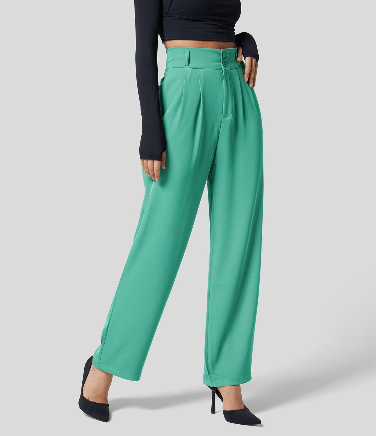 Pantalon de travail Halara Flex™ droit froncé avec poche zippée, taille haute