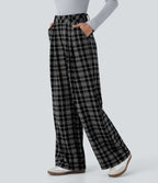 Pantalon taille haute décontracté large à carreaux, avec poches