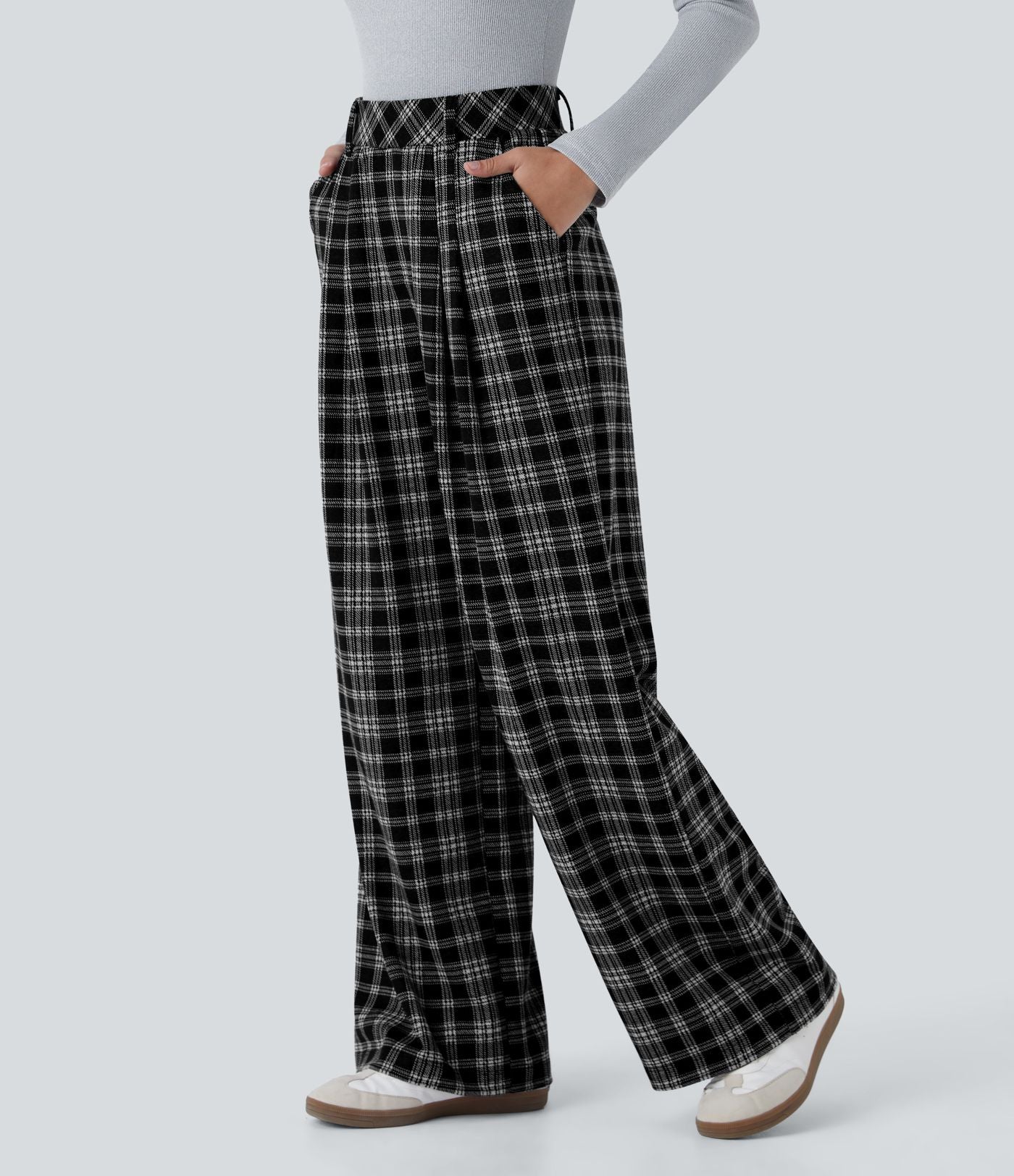 Pantalon taille haute décontracté large à carreaux, avec poches