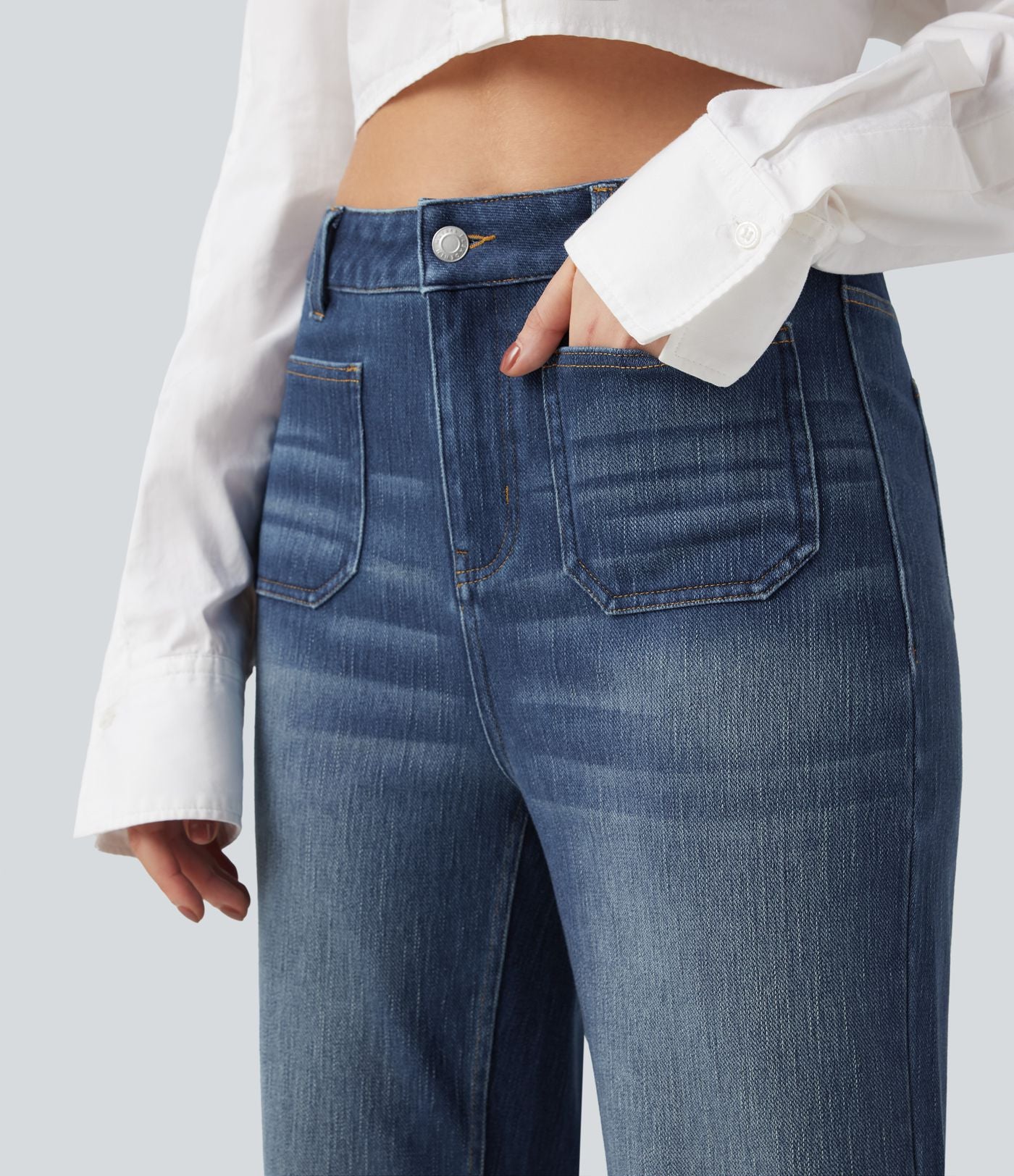 Jean droit délavé Halara Flex™ taille haute avec fente et poches