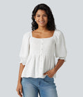 Blouse casual babydoll col carré à manches bouffantes mi-longues et détails froncés