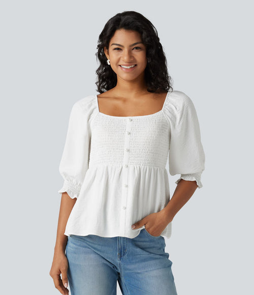 Blouse casual babydoll col carré à manches bouffantes mi-longues et détails froncés
