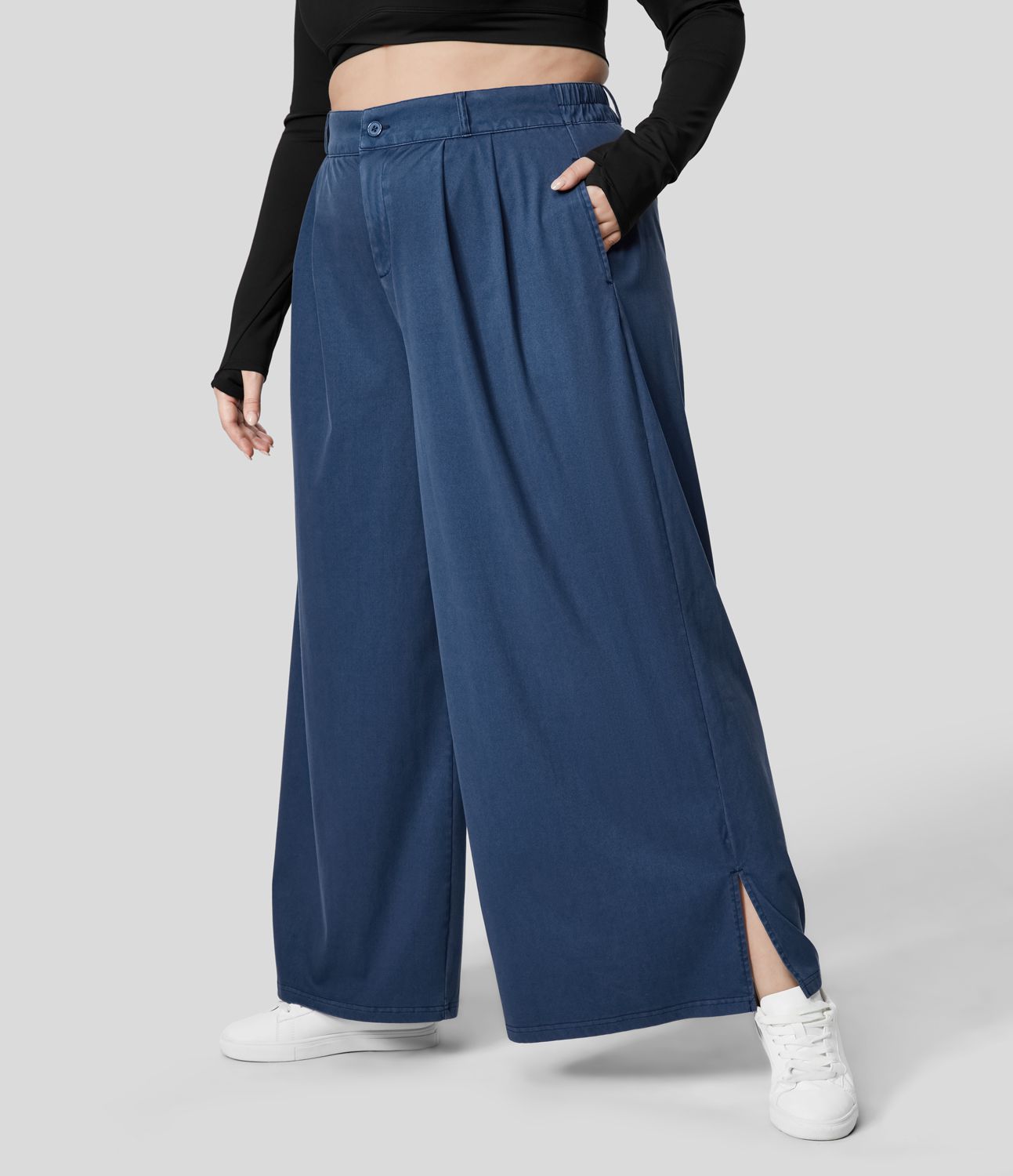 Pantalon Large Casual Taille Haute Boutonnés Fermeture Éclair Plissé Poches Latérales Ourlet Fendu Grande Taille