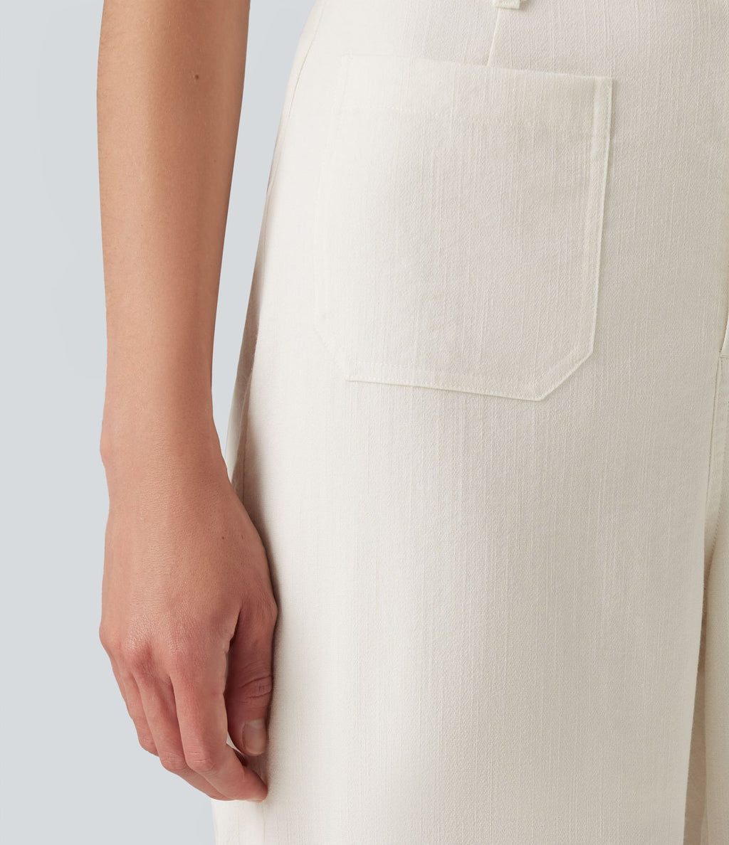 Pantalon décontracté coupe droite taille haute aspect lin avec poches