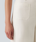 Pantalon décontracté coupe droite taille haute aspect lin avec poches
