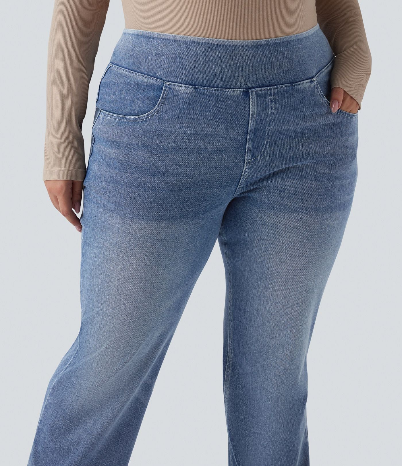 Jean décontracté Halara Flex™ grande taille bootcut taille haute en maille extensible délavée avec multiples poches