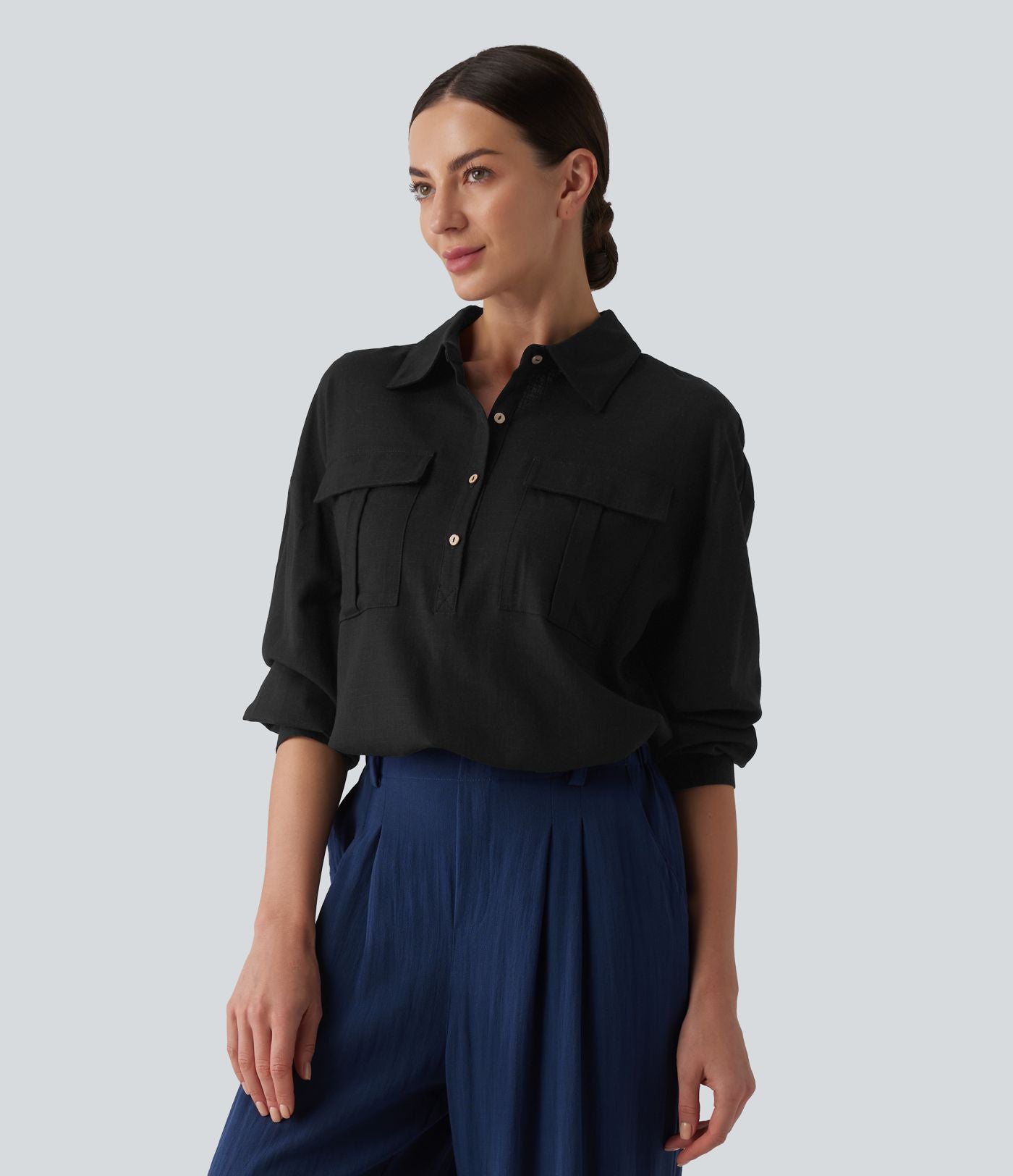 Chemise décontractée en lin col ourlet arrondi manches longues boutonnée avec poches