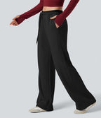 Pantalon jogging polaire jambes larges taille mi-haute avec cordon de serrage et poches