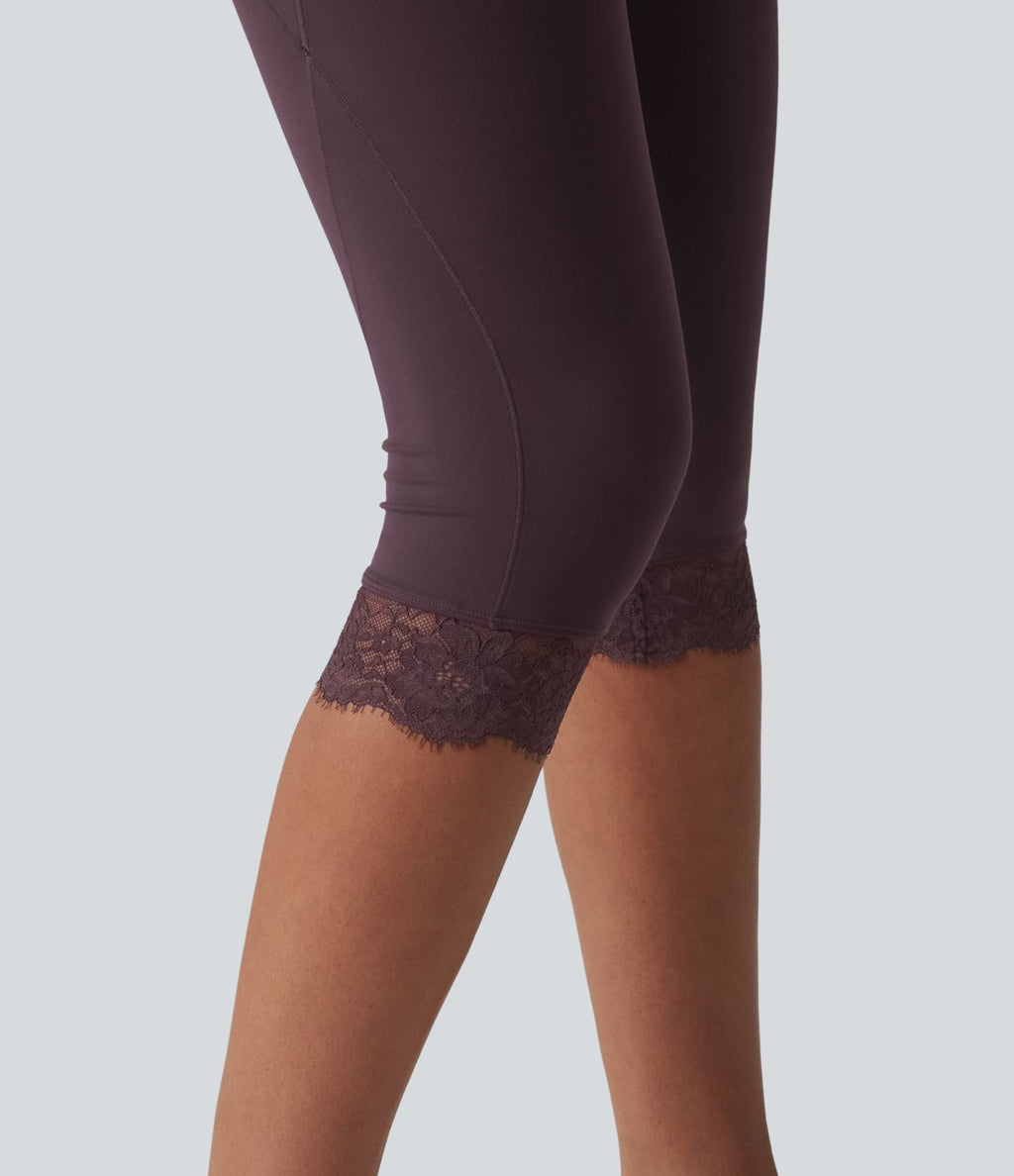 SoftlyZero™ Legging corsaire de yoga croisé taille haute avec dentelle contrastée et poches - UPF50+