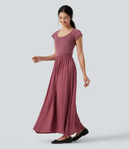 Robe maxi casual fluide col U manches courtes