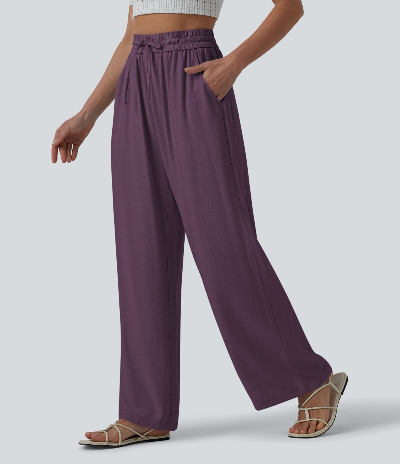 Pantalon casual large mélange lin taille haute avec cordon de serrage et poches