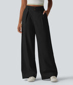 Pantalon large fluide casual en coton et lin taille haute avec poches