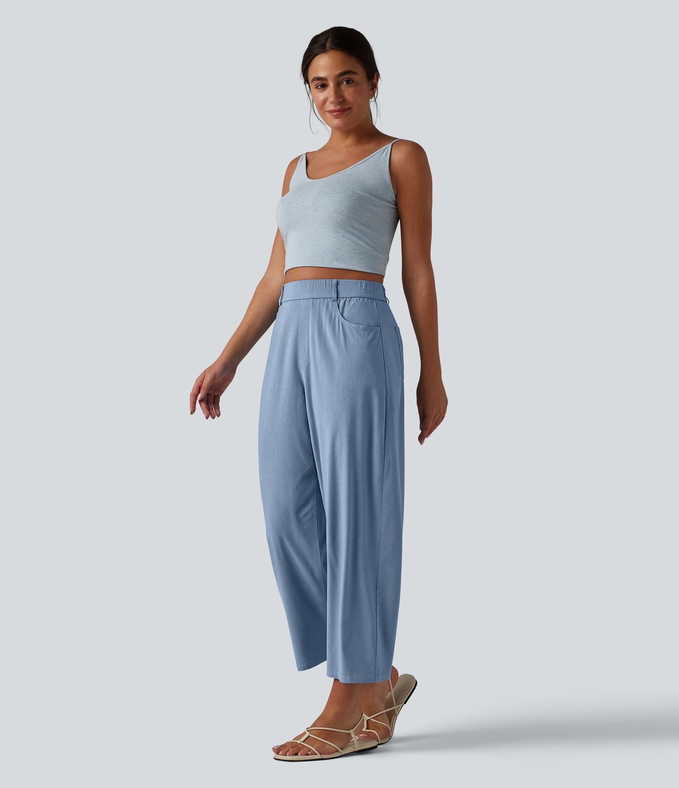Pantalon casual taille haute en lin stretch coupe barrel avec poches