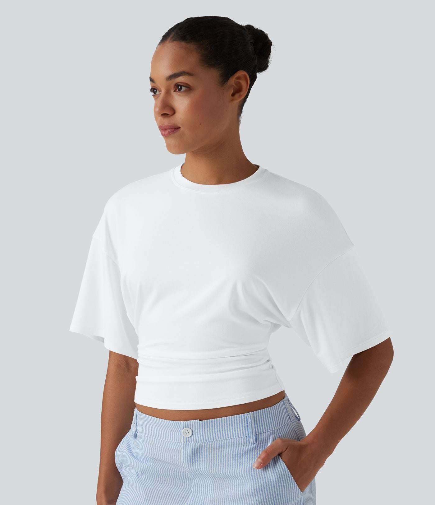 T-shirt décontracté col rond à manches mi-longues et fronces