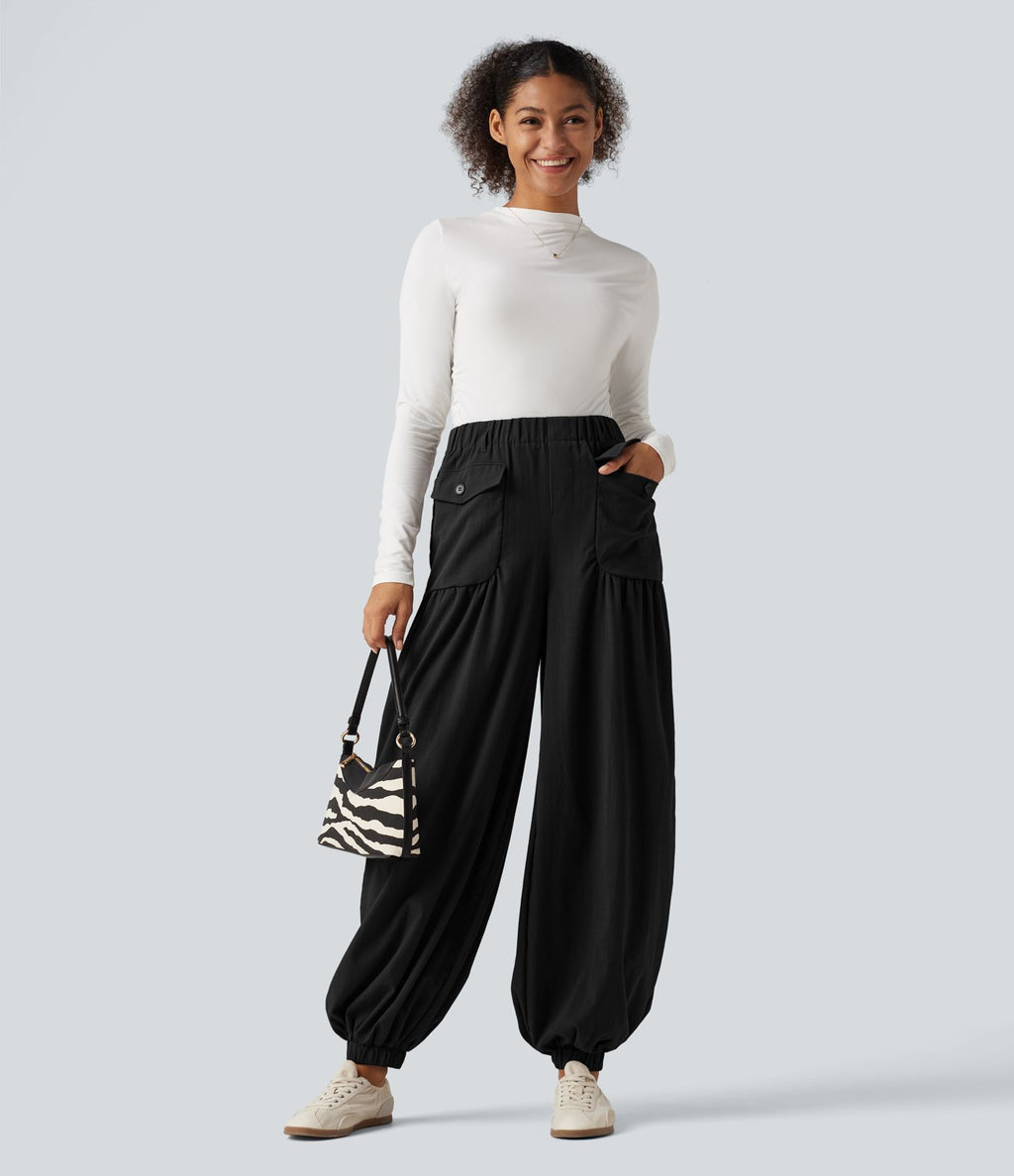 Jogging baggy taille haute effet lin froncé avec poches